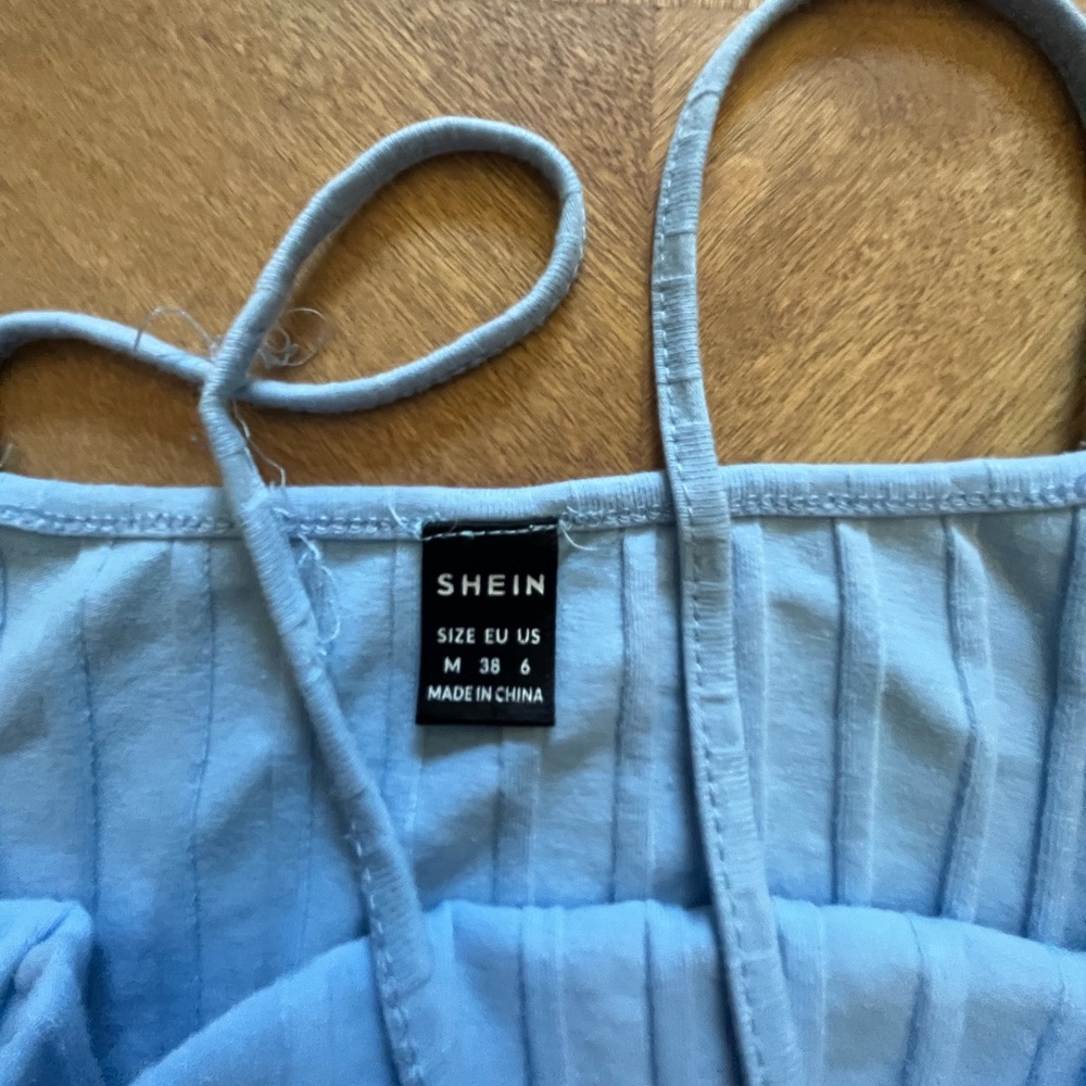 Light Blue Ruched Ribbed Mini Dress - SHEIN - Spaghetti Straps - M - Picture 4 of 9